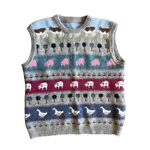 Farm Animal Sweater Vest Womens Medium Multicolor Fair Isle Knit Barnyard